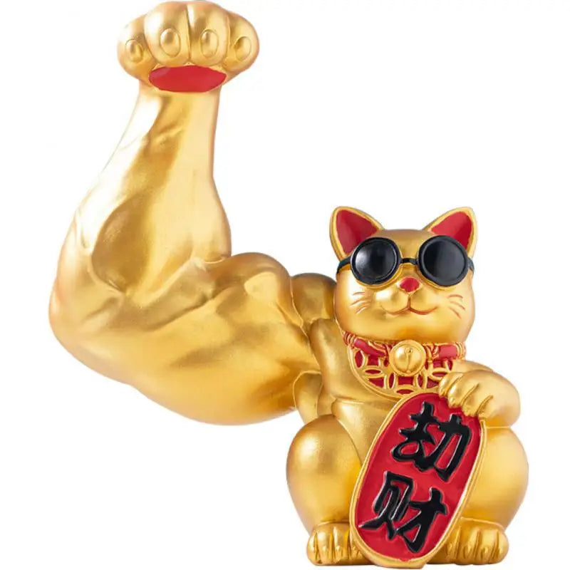 Gylden Viftende Kat Skulptur i Harpiks - Kinesisk Design