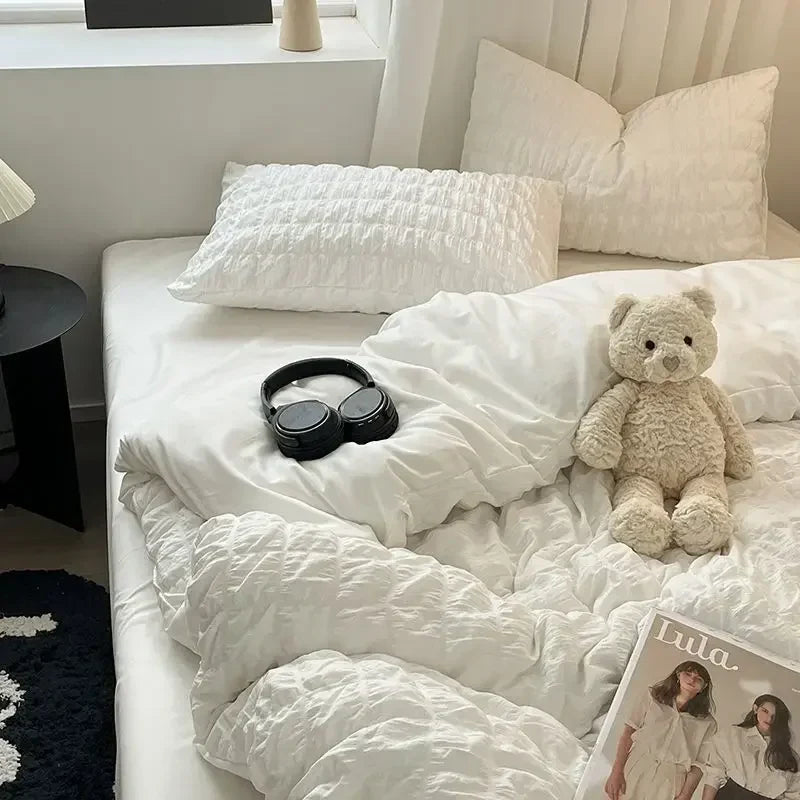 Seersucker Duvet Cover Set i Hvid - Blødt og Åndbart Sengetøj