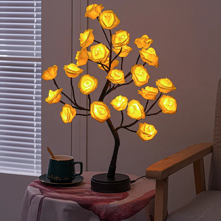3D Rose Bordlampe med 24 LED Lys - USB & Batteridrevet Nattelys