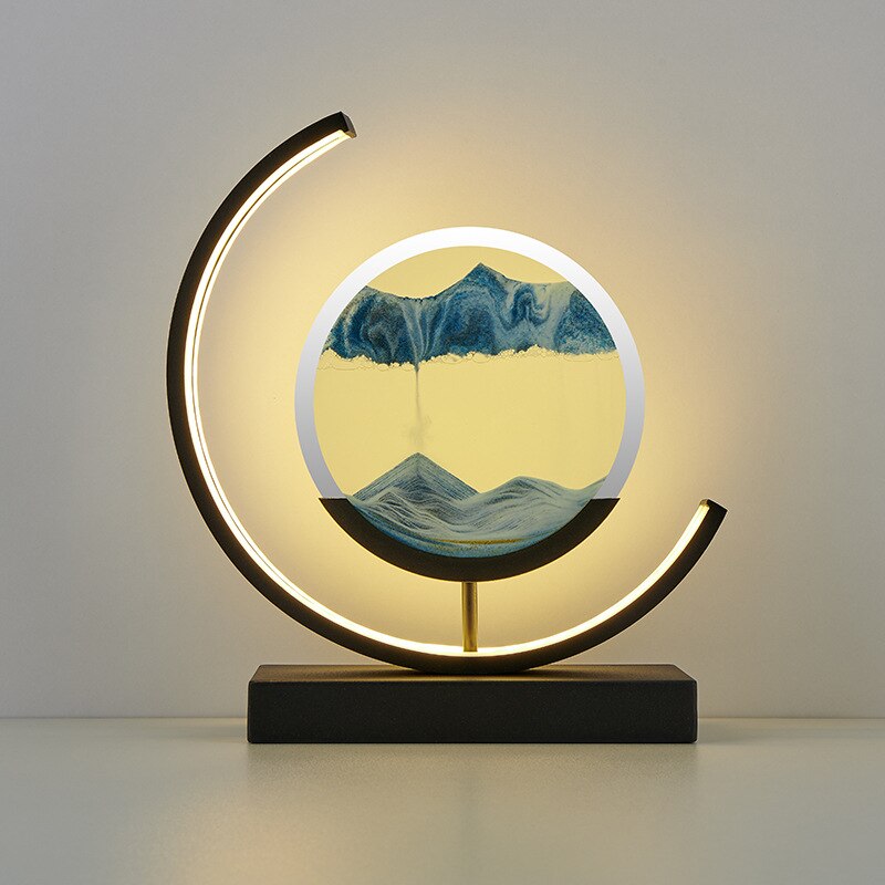 LED Bordlampe med Dynamisk Sandkunst i Sort Metal