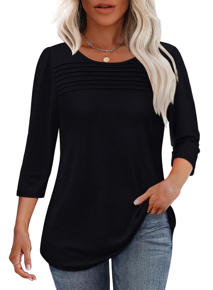 Lena | Kvinders Crew Neck 3/4 Ærme Plisseret Brysttop
