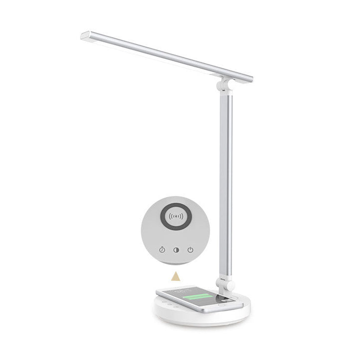 Minimalistisk Sammenklappelig USB LED Skrivebordslampe i Sølv og Sort med Justerbar Lysstyrke