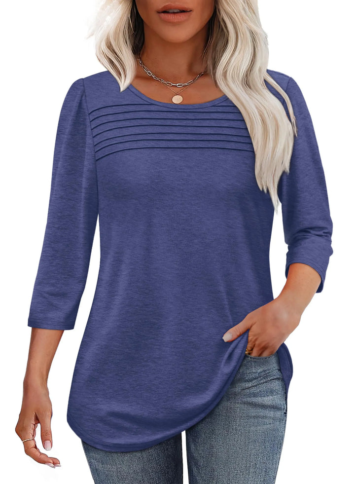 Lena | Kvinders Crew Neck 3/4 Ærme Plisseret Bryst Top