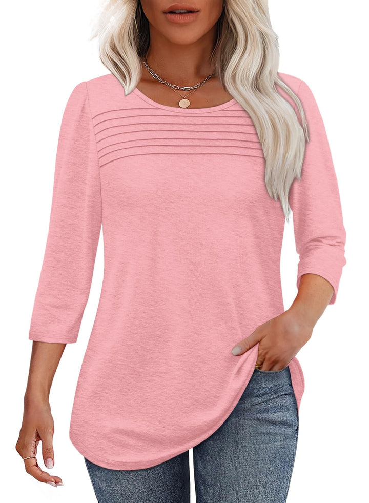Lena | Kvinders Crew Neck 3/4 Ærme Plisseret Bryst Top