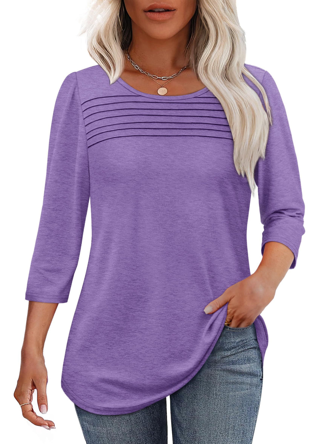 Lena | Kvinders Crew Neck 3/4 Ærme Plisseret Brysttop