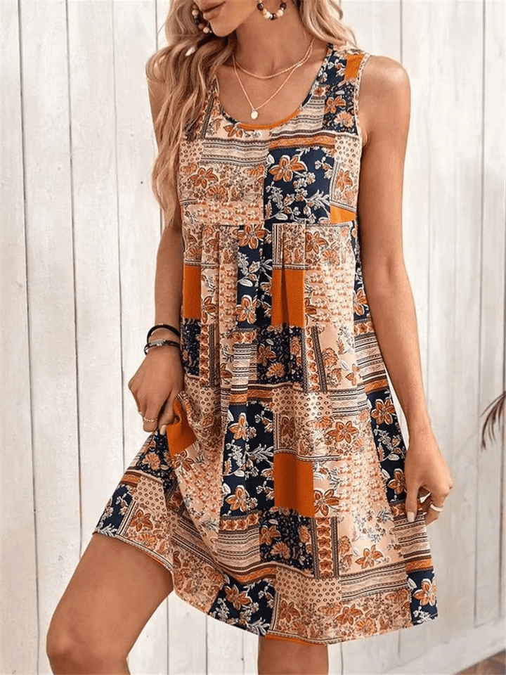 Indie | Kvinders Boho Patchwork Print Uden Ærmer Mini Kjole