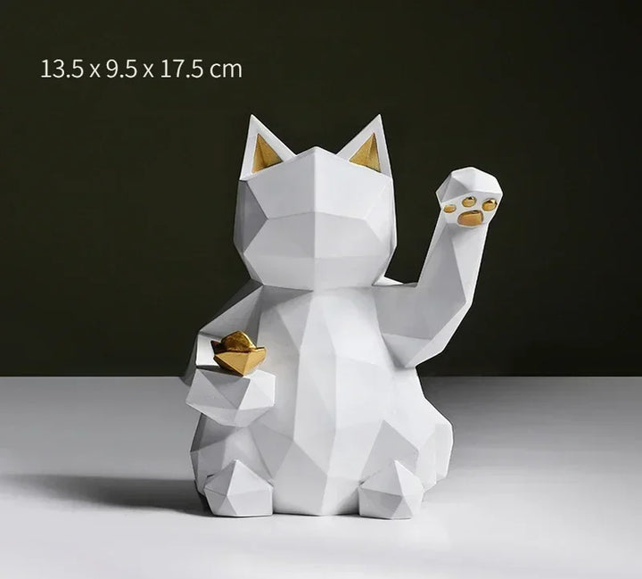 Geometrisk Lucky Cat Figurine i Rød og Hvid Resin