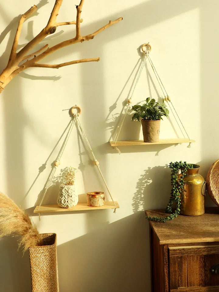 Flydende Væg Hylde i Træ med Macrame - Boho Rustik Design