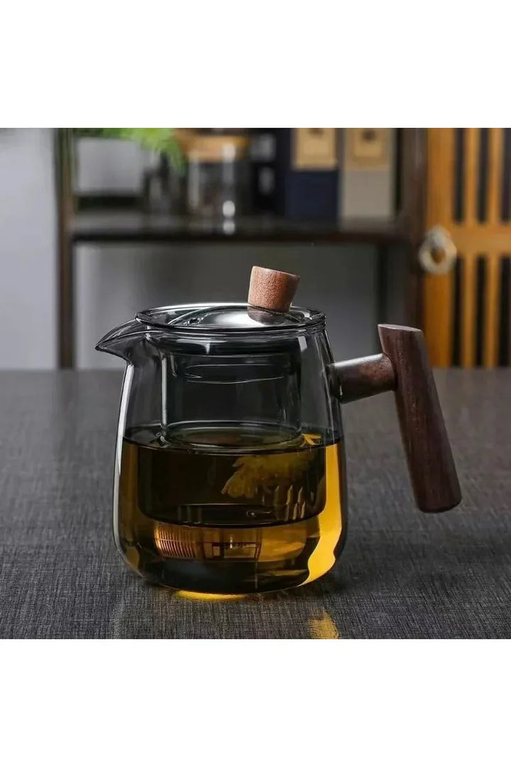 Glas Teapot med Træhåndtag og Rund Krop