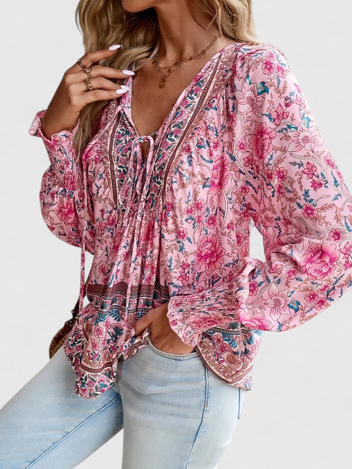 Sienna | Kvindelig Blomster Boho Bluse V-Hals Puff Ærme Top