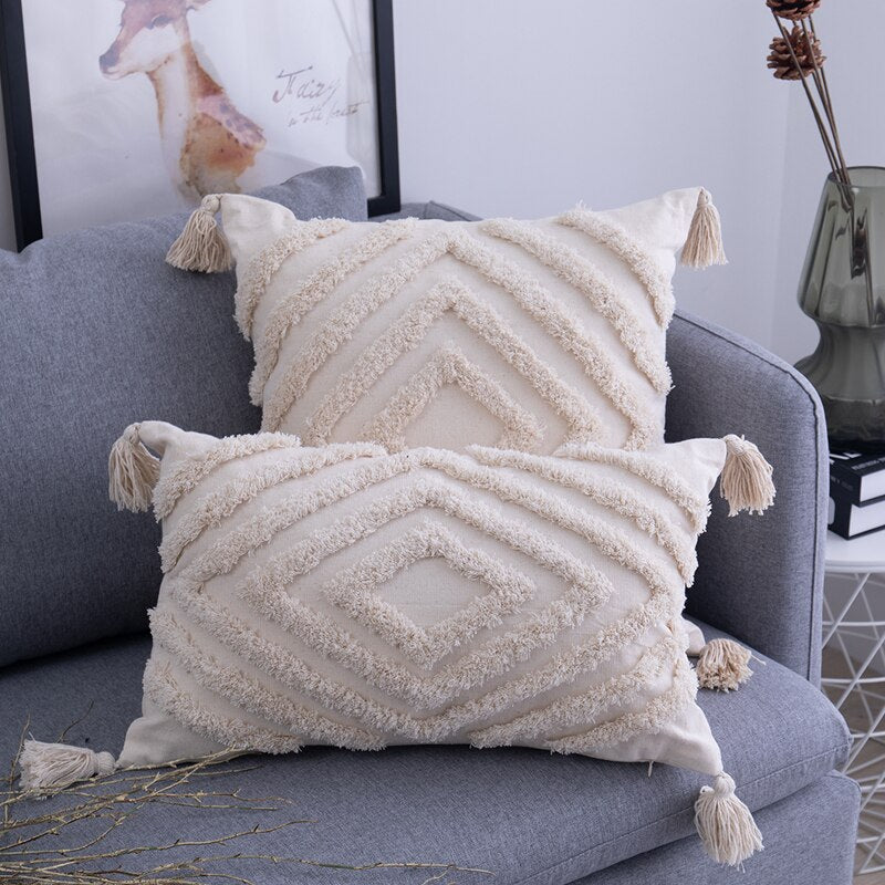 Boho Pude Betræk med Frynser i Blødt Zigzag Mønster