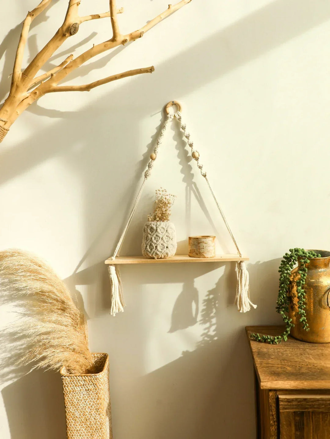 Flydende Væg Hylde i Træ med Macrame - Boho Rustik Design