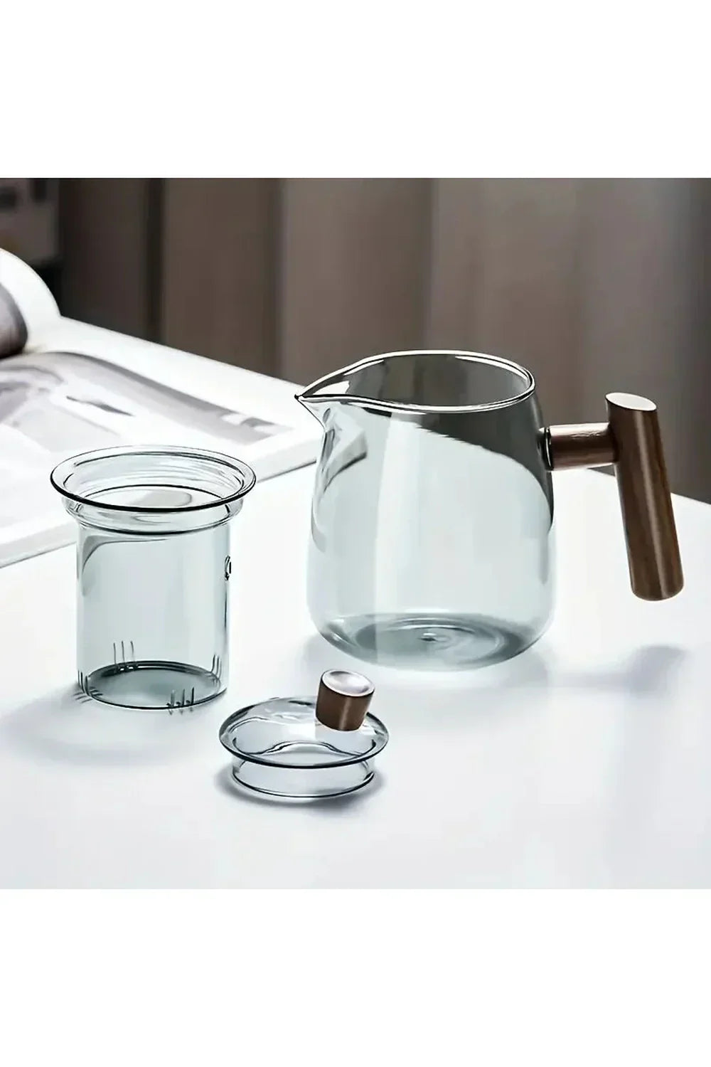 Glas Teapot med Træhåndtag og Rund Krop