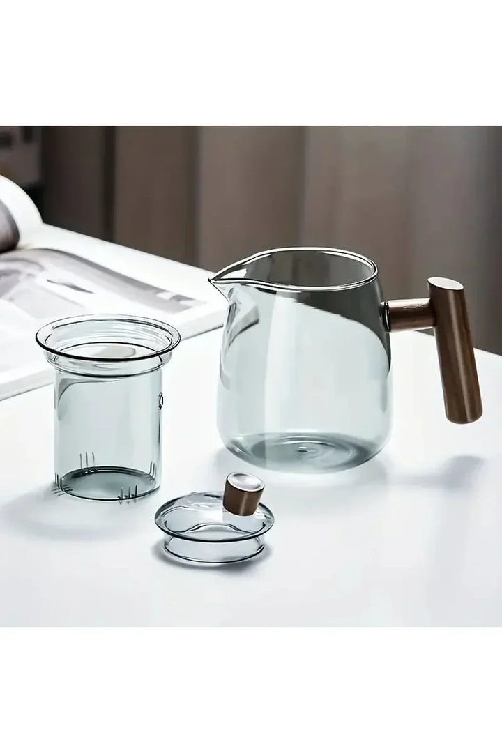 Glas Teapot med Træhåndtag og Rund Krop