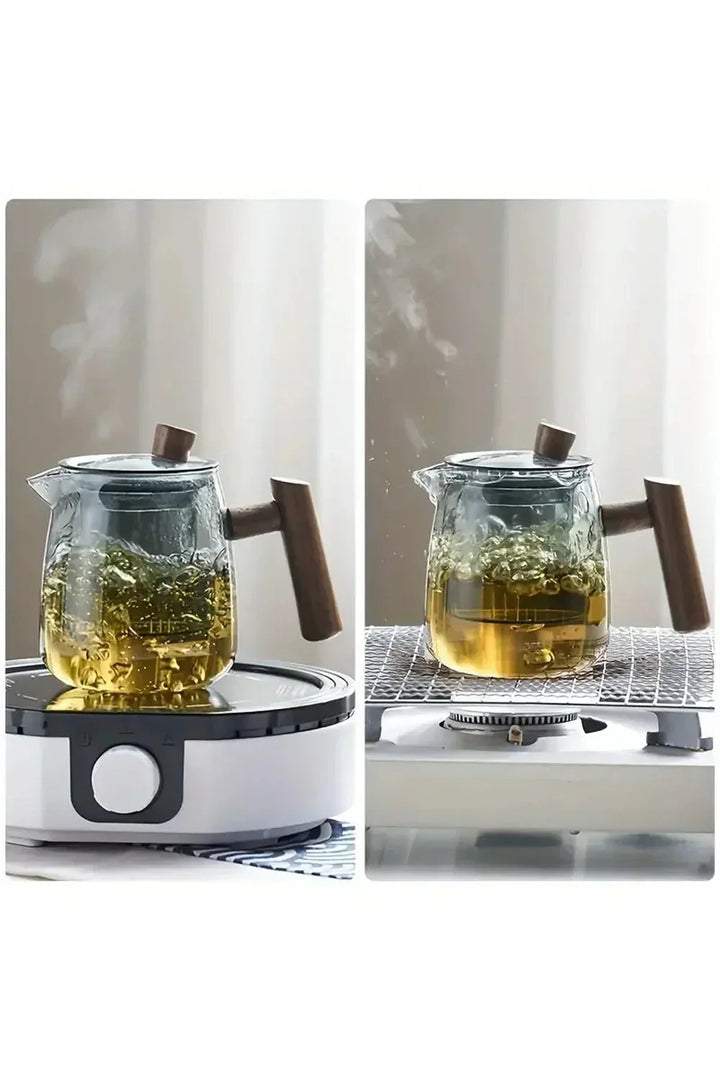 Glas Teapot med Træhåndtag og Rund Krop
