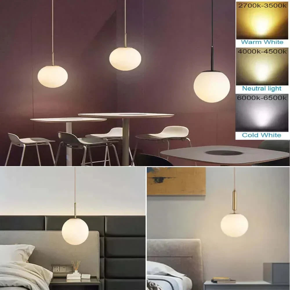 Mid-Century Modern Pendellampe med Frostet Glaskugle og Hvid Skærm