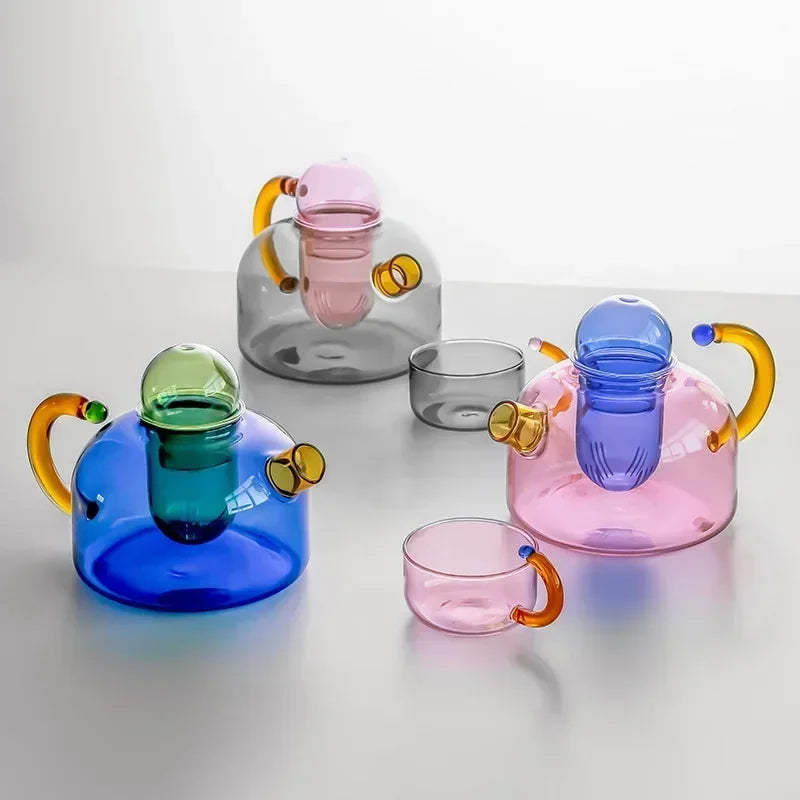 Håndlavet Glas Teapot med Vintage Design i Blå og Amber