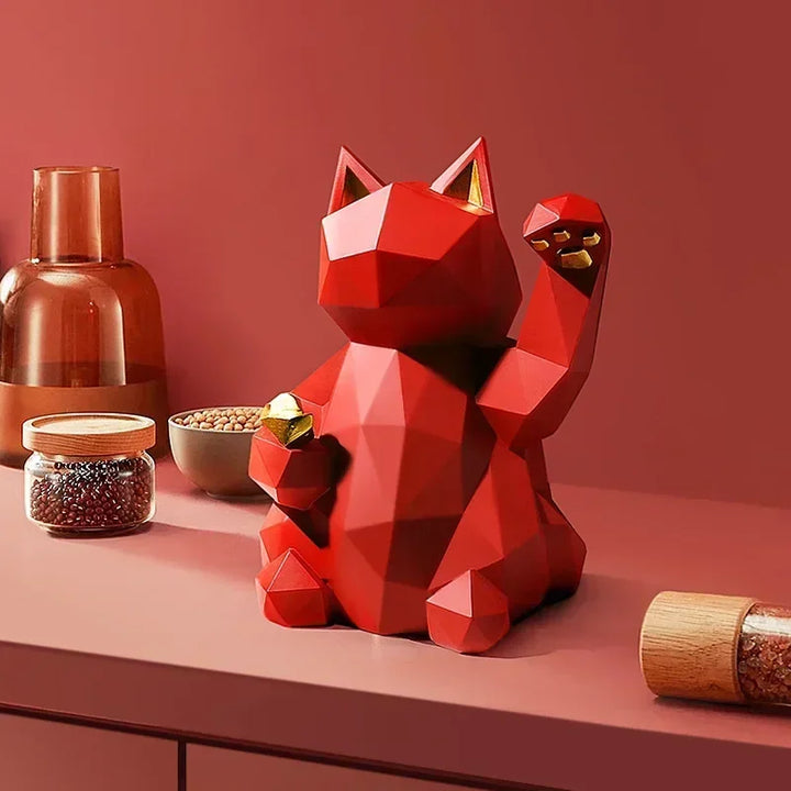 Geometrisk Lucky Cat Figurine i Rød og Hvid Resin