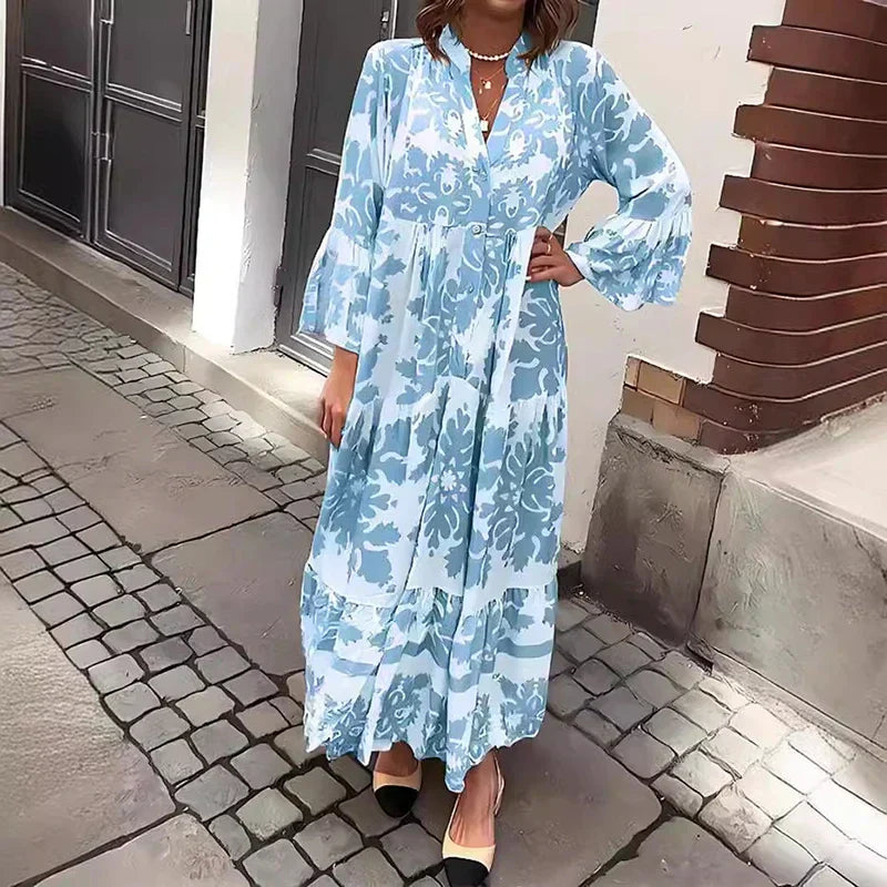 Harmony | Kvinders Boho Flowy Printed Draped Maxi Kjole Casual