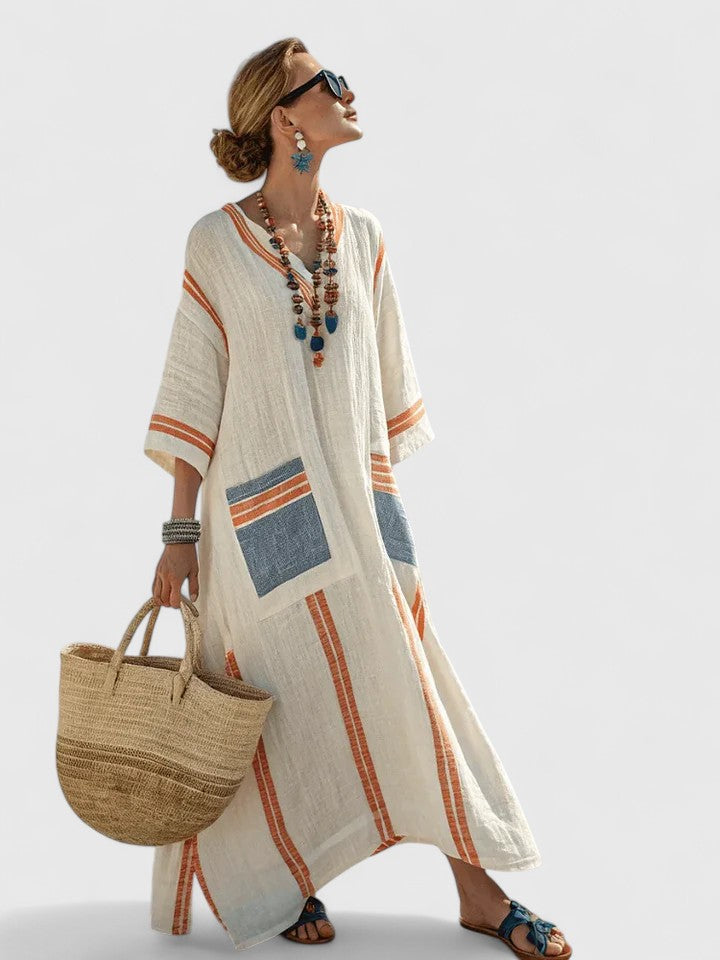 Serena | Kvinders V-Hals Kaftan Maxi Kjole med Stribe Detalje
