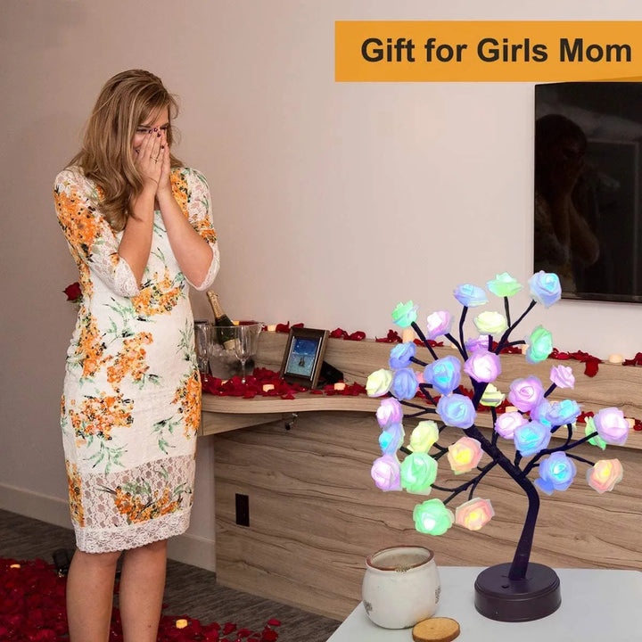 3D Rose Bordlampe med 24 LED Lys - USB & Batteridrevet Nattelys