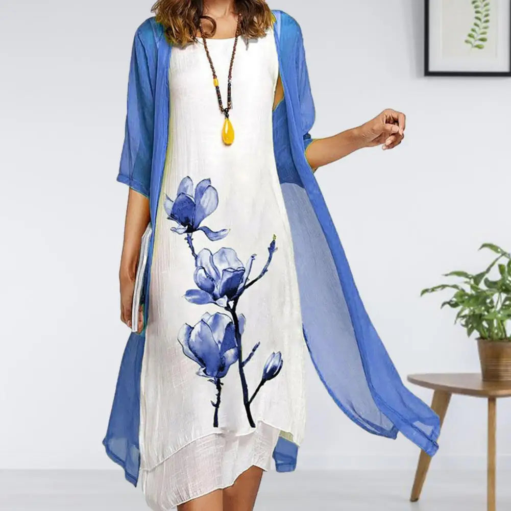 Bloom | Kvinders blomsterprint 2-delt kjolesæt med gennemsigtig cardigan