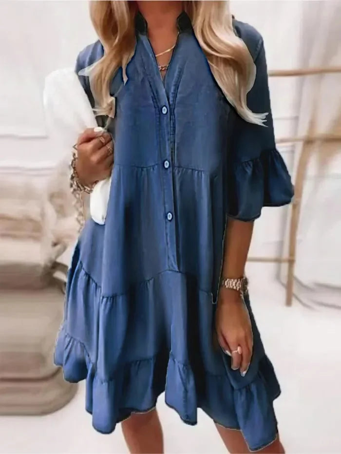 Billie | Kvinders Casual Lagdelt Ruffle Mini Kjole Med Knapper