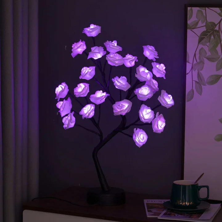 3D Rose Bordlampe med 24 LED Lys - USB & Batteridrevet Nattelys