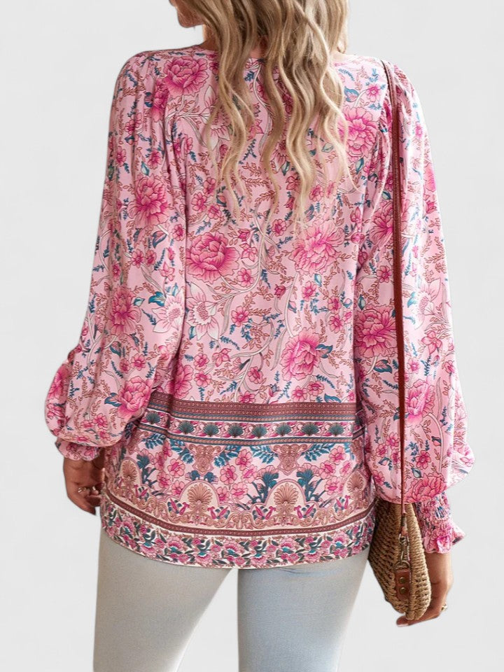 Sienna | Kvindelig Blomster Boho Bluse V-Hals Puff Ærme Top