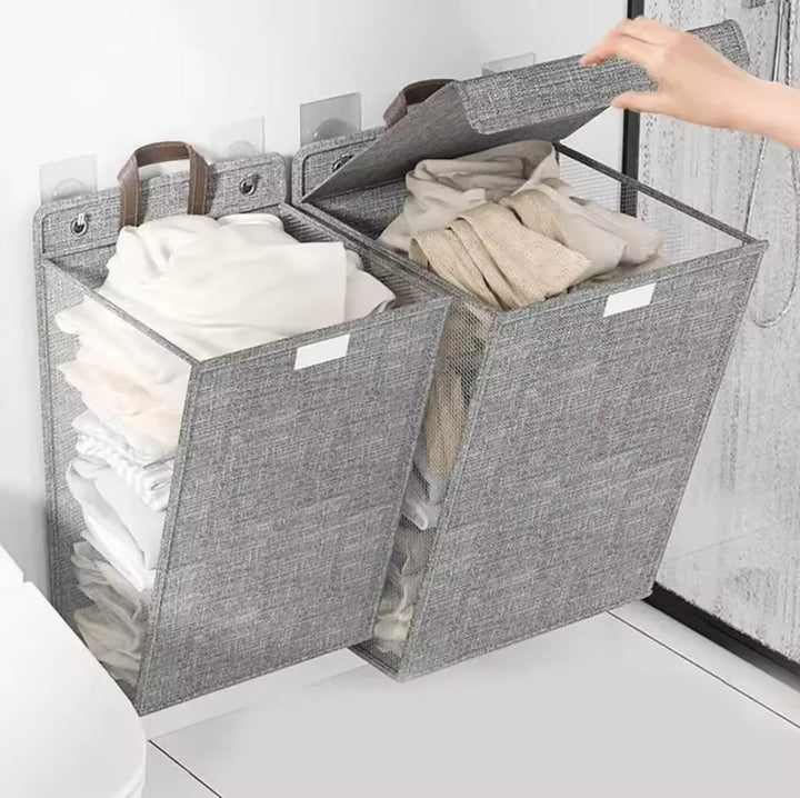 Væghængt Foldbar Vasketøjskurv i Grå eller Beige