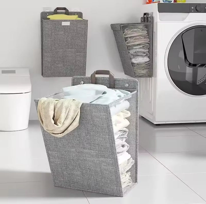 Væghængt Foldbar Vasketøjskurv i Grå eller Beige
