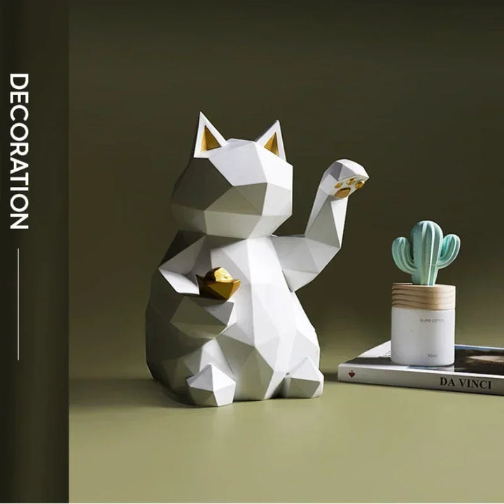 Geometrisk Lucky Cat Figurine i Rød og Hvid Resin