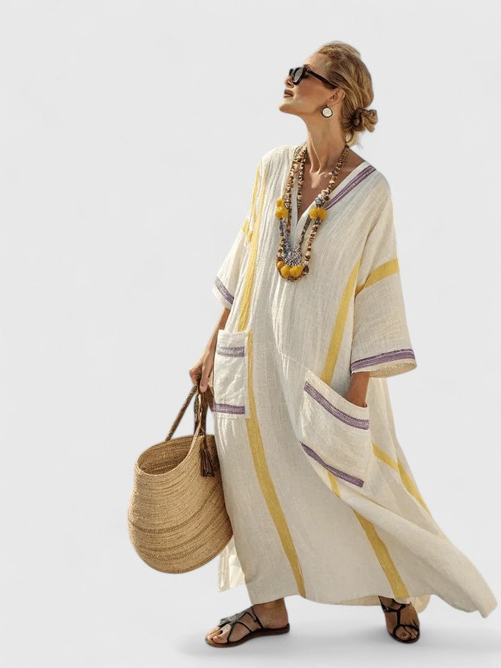 Serena | Kvinders V-Hals Kaftan Maxi Kjole med Stribe Detalje