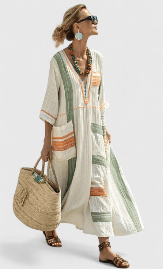 Serena | Kvinders V-Hals Kaftan Maxi Kjole med Stribe Detalje