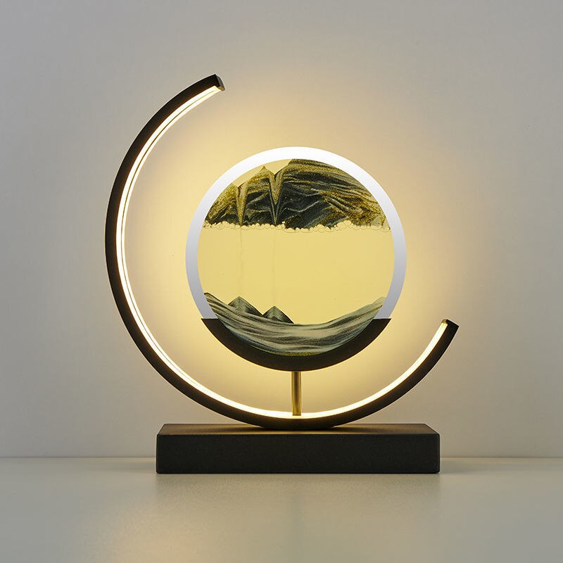 LED Bordlampe med Dynamisk Sandkunst i Sort Metal
