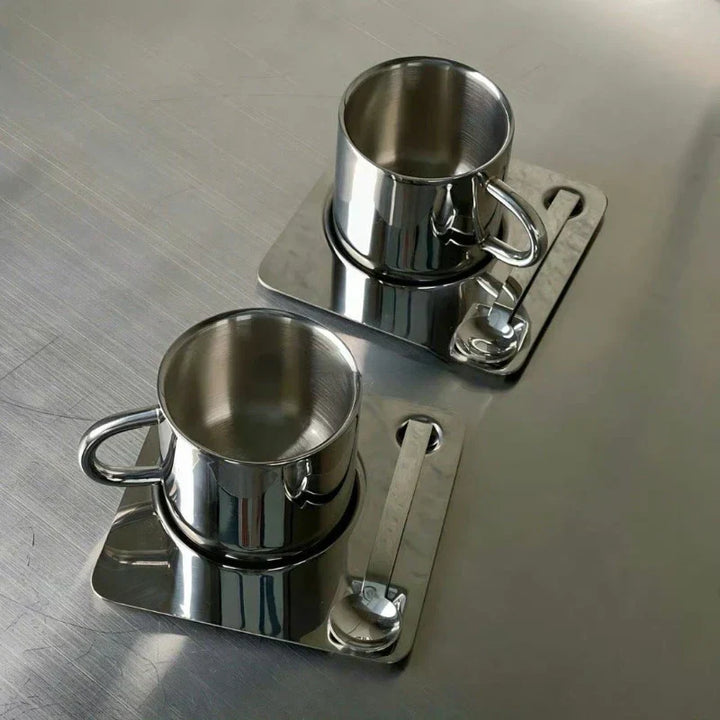 Stilfuldt Kaffesæt i Rustfrit Stål med Bakke og Ske