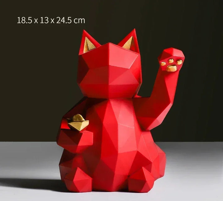 Geometrisk Lucky Cat Figurine i Rød og Hvid Resin