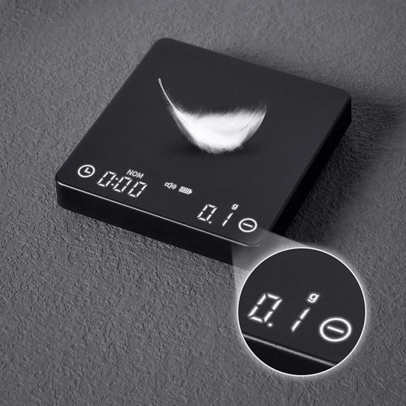 Digital Kaffevægt med Timer, 2 kg Kapacitet, USB Opladelig, Præcision til 0,1 g