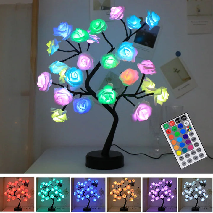 3D Rose Bordlampe med 24 LED Lys - USB & Batteridrevet Nattelys