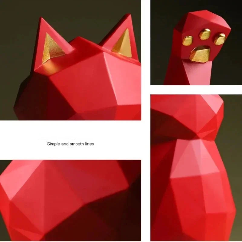 Geometrisk Lucky Cat Figurine i Rød og Hvid Resin