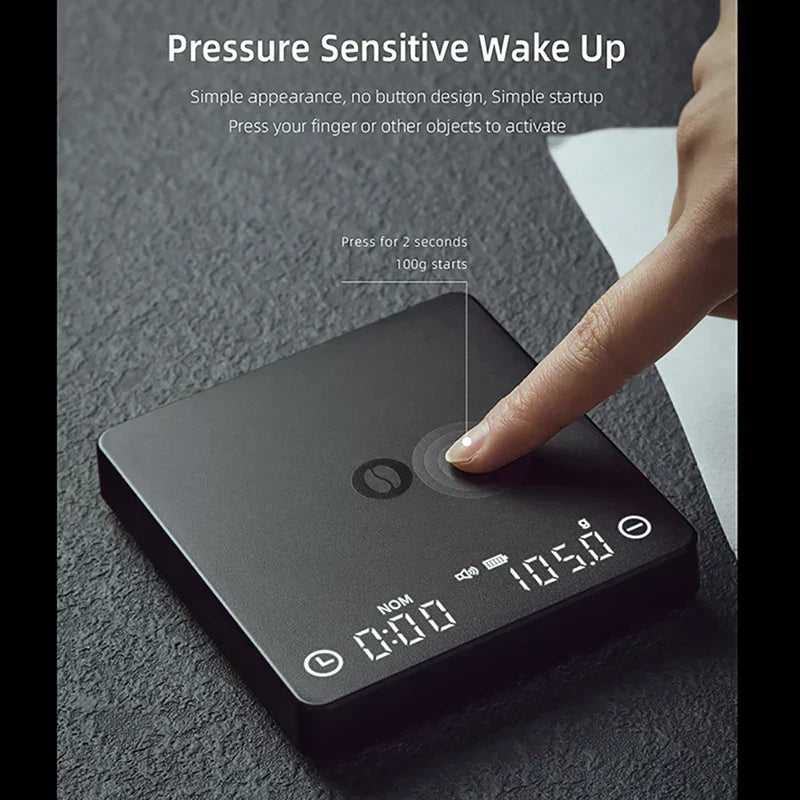 Digital Kaffevægt med Timer, 2 kg Kapacitet, USB Opladelig, Præcision til 0,1 g