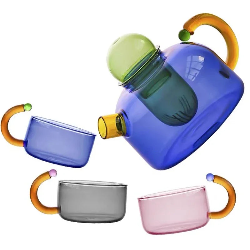 Håndlavet Vintage Glas Teapot med Blå Yderside og Amber Håndtag