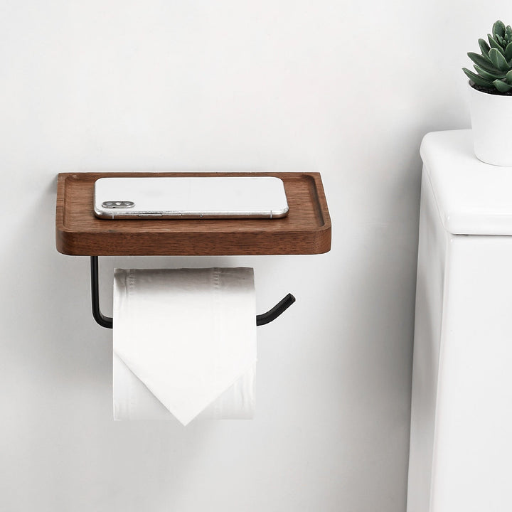 Træ Toiletpapir- og Håndklædeholder med Hylde i Naturlig Finish