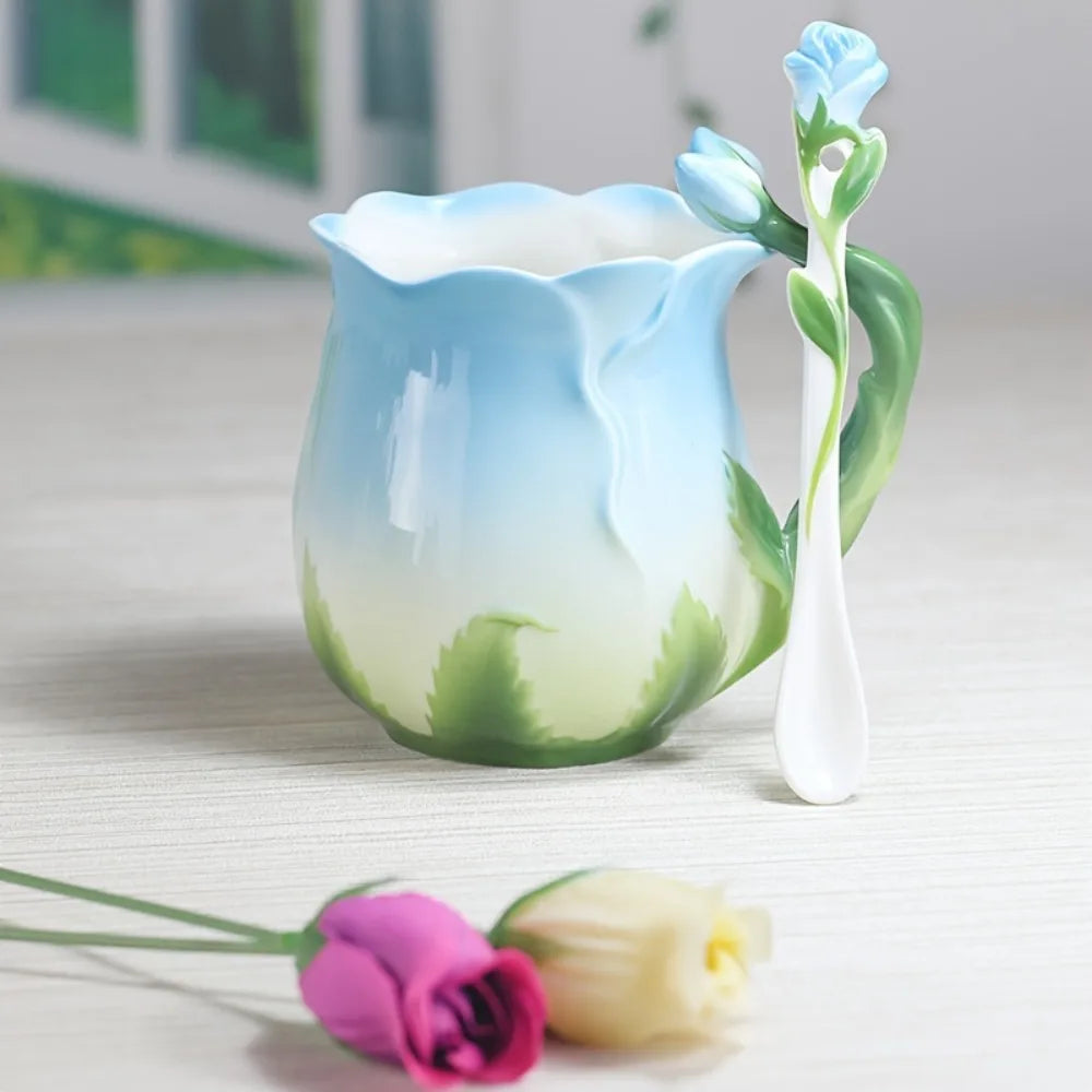 Keramisk 3D Rose Kaffe Kop med Ske