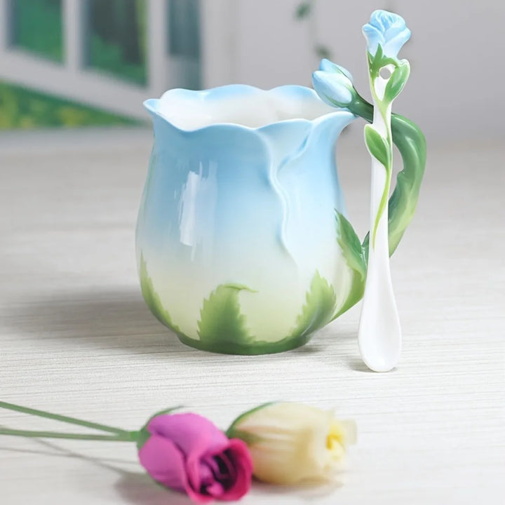 Keramisk 3D Rose Kaffe Kop med Ske