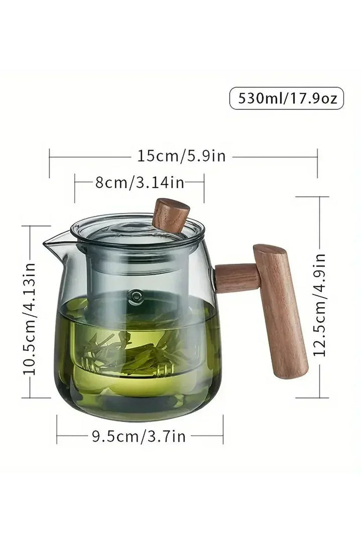 Glas Teapot med Træhåndtag og Rund Krop