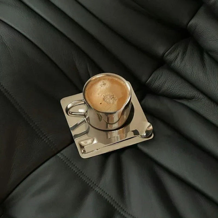 Kaffesæt i Rustfrit Stål med Kop, Bakke og Ske