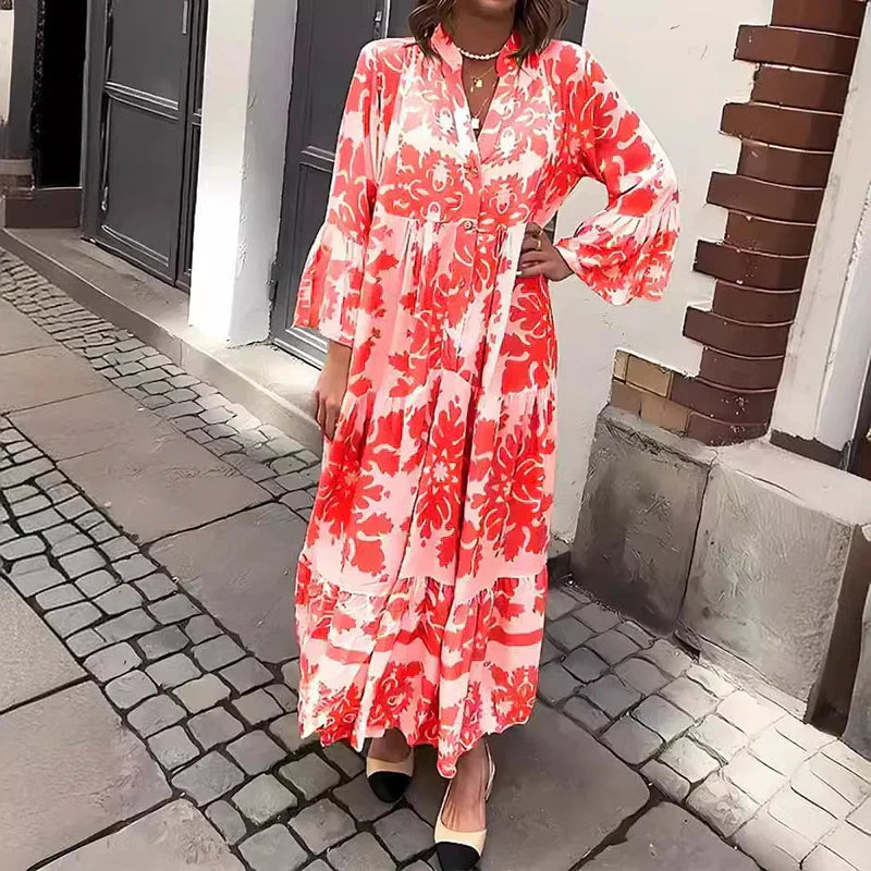 Harmony | Kvinders Boho Flowy Printed Draped Maxi Kjole Casual