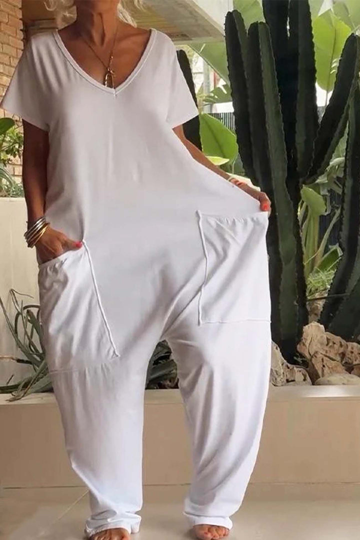 Breezy | Kvinders V-hals kortærmet løs jumpsuit med lommer