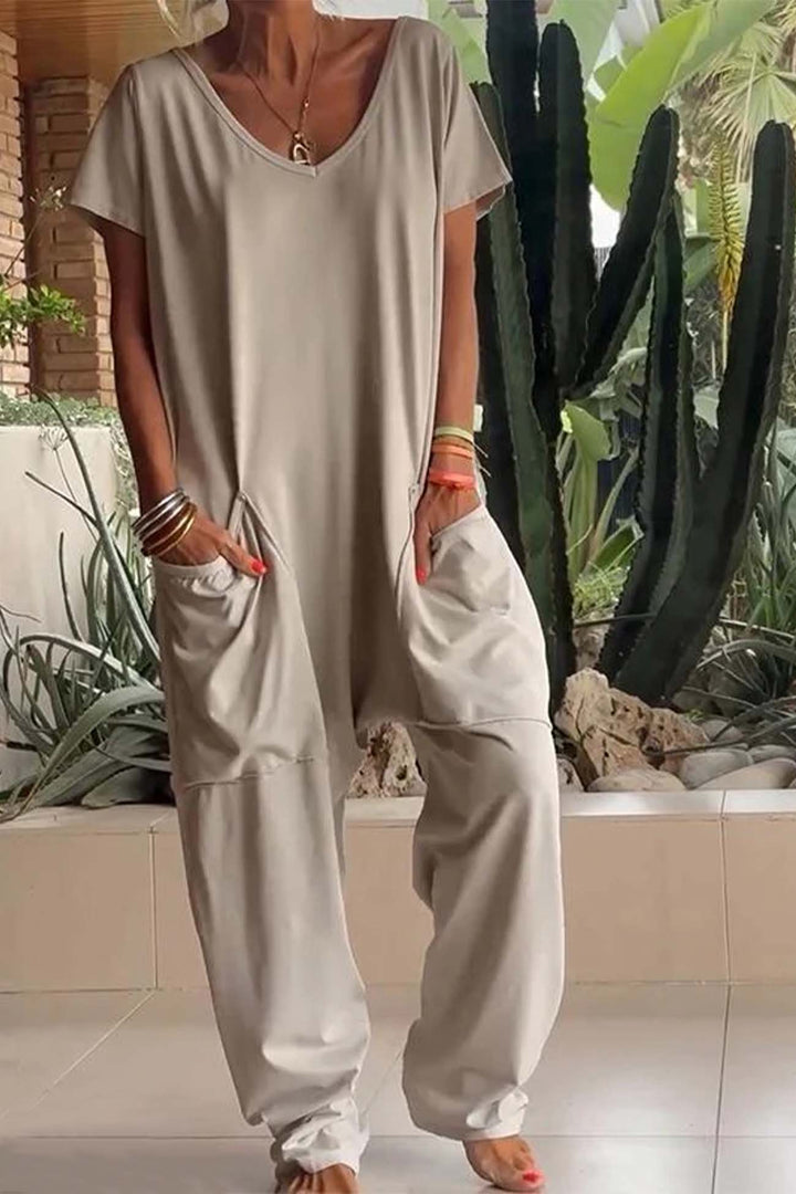 Breezy | Kvinders V-hals kortærmet løs jumpsuit med lommer